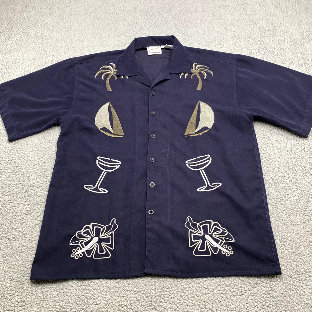 VTG Casual Embros Shirt Mens XL Blue Hawaiian Palm Embroidered Made In Israel *